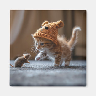 Kitten playing with a small mouse magnet