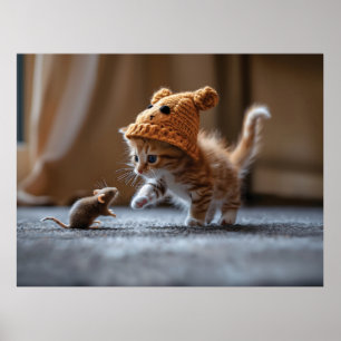 Kitten playing with a small mouse poster