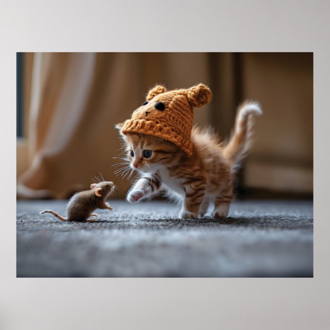 Kitten playing with a small mouse poster (Front)