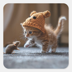 Kitten playing with a small mouse square sticker