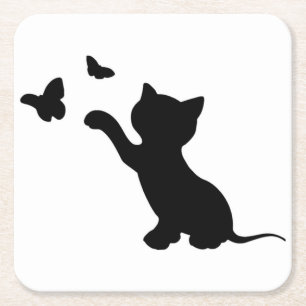 KITTEN PLAYING WITH BUTTERFLIES SQUARE PAPER COASTER