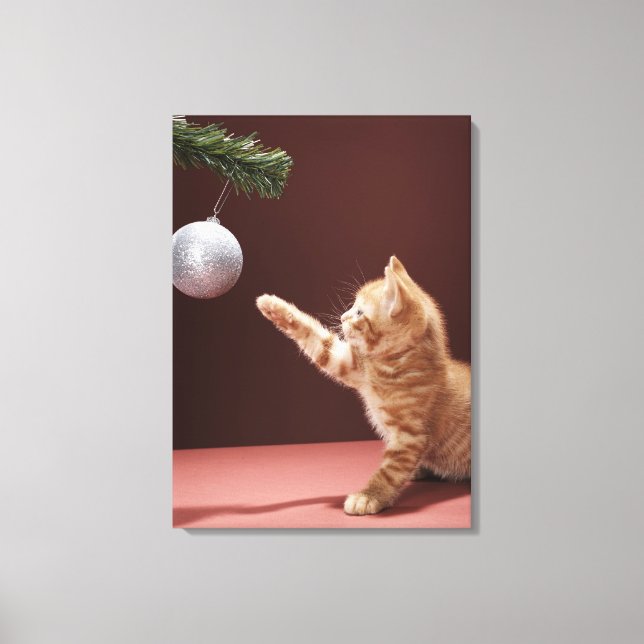 Kitten playing with Christmas bauble on tree Canvas Print (Front)