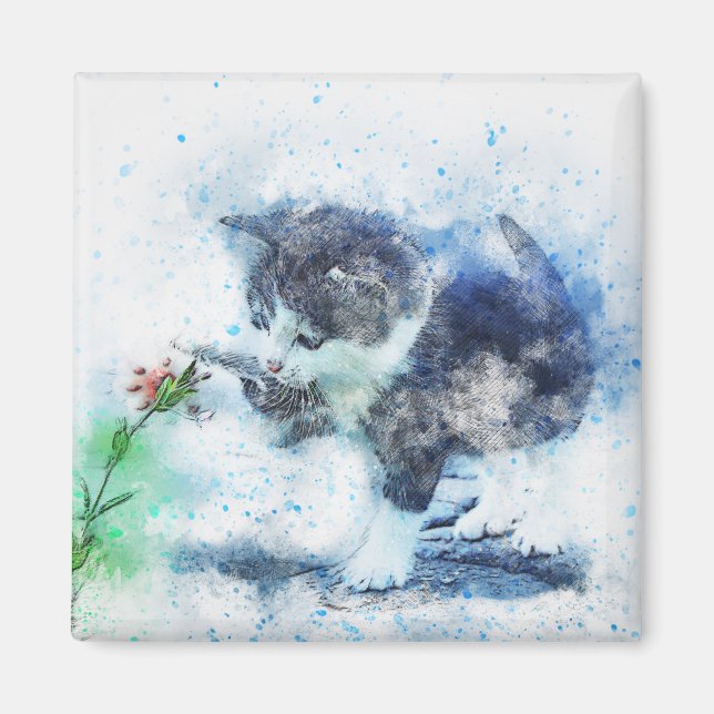Kitten Playing with Flower | Abstract | Watercolor Magnet (Front)