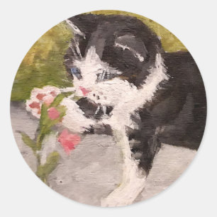 Kitten Playing with Pink Flower Classic Round Sticker
