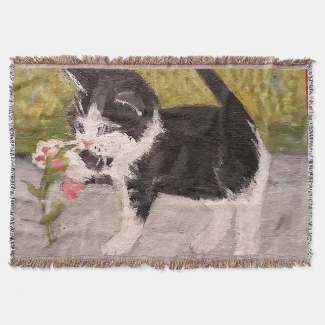 Kitten Playing with Pink Flower Throw Blanket (Front)