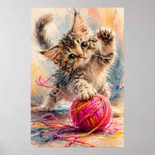Kitten Playing with Pink Yarn Cat Lover Poster