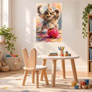 Kitten Playing with Pink Yarn Cat Lover Poster