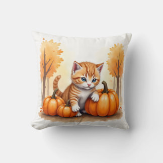 Kitten Playing with Pumpkins Throw Pillow