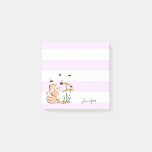 Kitten Post it Notes White Purple Stripes (Front)