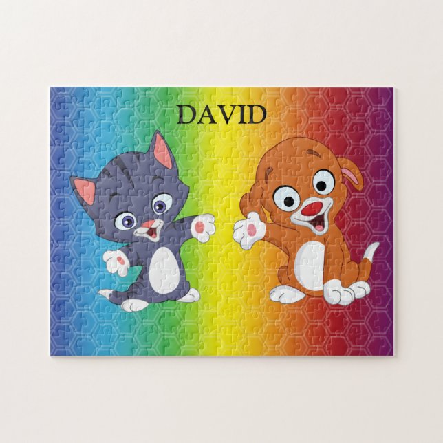 Kitten & Puppy Rainbow puzzle personalised. (Horizontal)