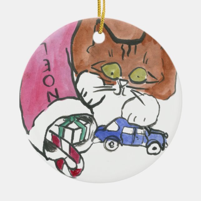 Kitten Raids the Christmas Stocking Ceramic Tree Decoration (Front)