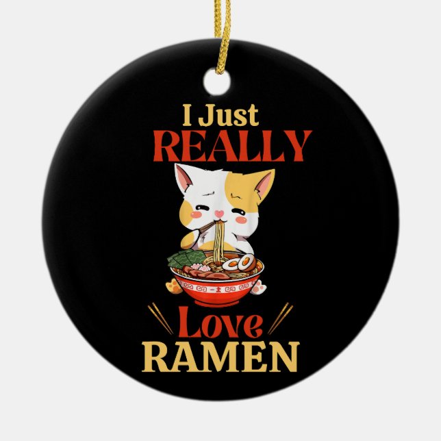 Kitten Really Loves Ramen Ceramic Tree Decoration (Front)