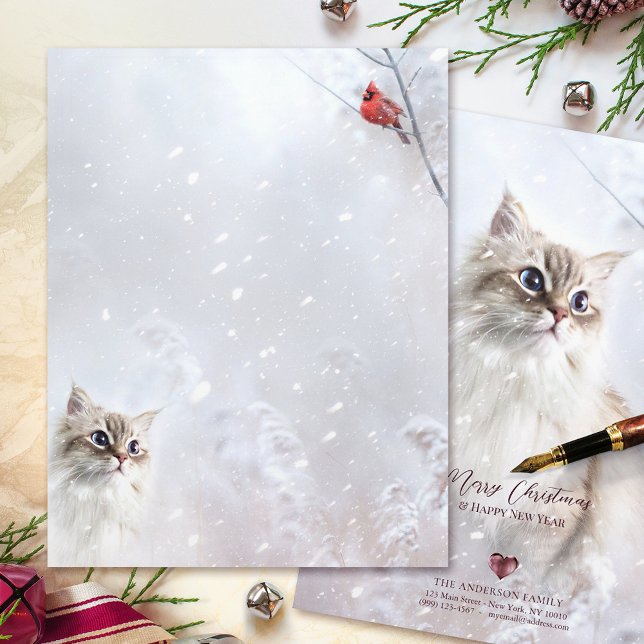 Kitten & Red Cardinal in Snow - 8.5x11” Stationery Custom Letterhead (Creator Uploaded)