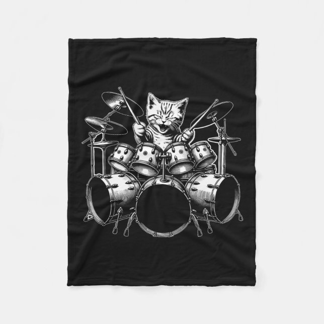 Kitten Rock Band Funny Kitty Drummer Cat Playing D Fleece Blanket (Front)