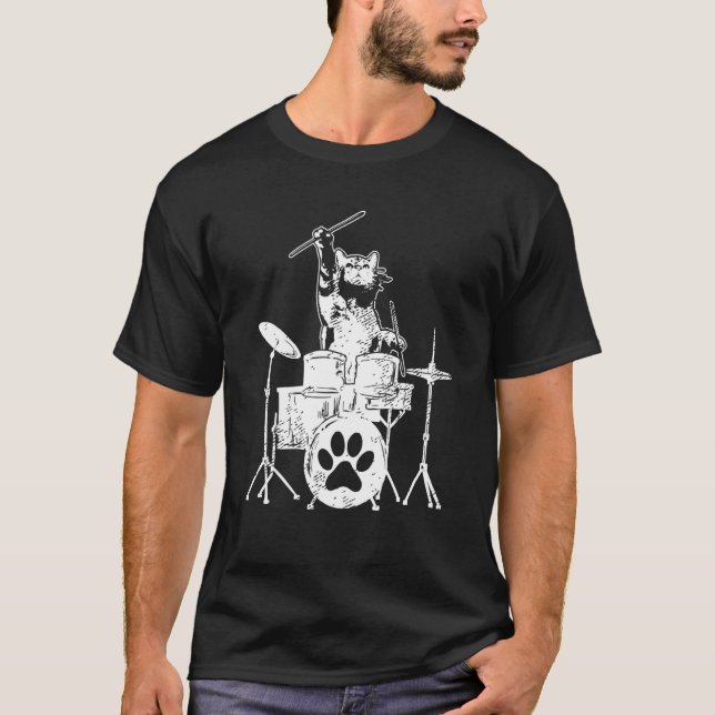 Kitten Rockstar Cat Playing Drums Drummer T-Shirt (Front)