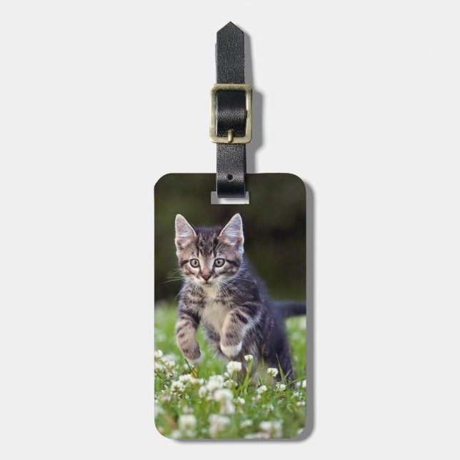 Kitten Running Through Clover Luggage Tag (Front Vertical)