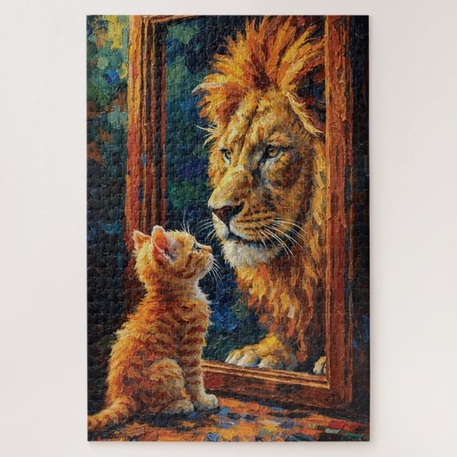 Kitten Seeing Lion Reflection Motivational Impasto Jigsaw Puzzle (Vertical)