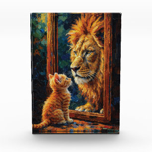 Kitten Seeing Lion Reflection Motivational Impasto Photo Block