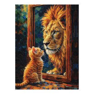 Kitten Seeing Lion Reflection Motivational Impasto Photo Print