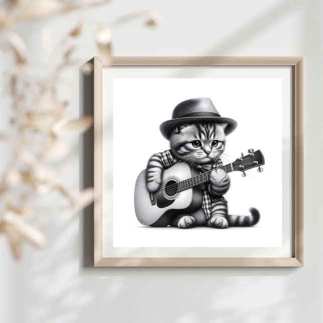 Kitten Shirt Hat Acoustic Guitar Pencil Portrait Poster (Creator Uploaded)