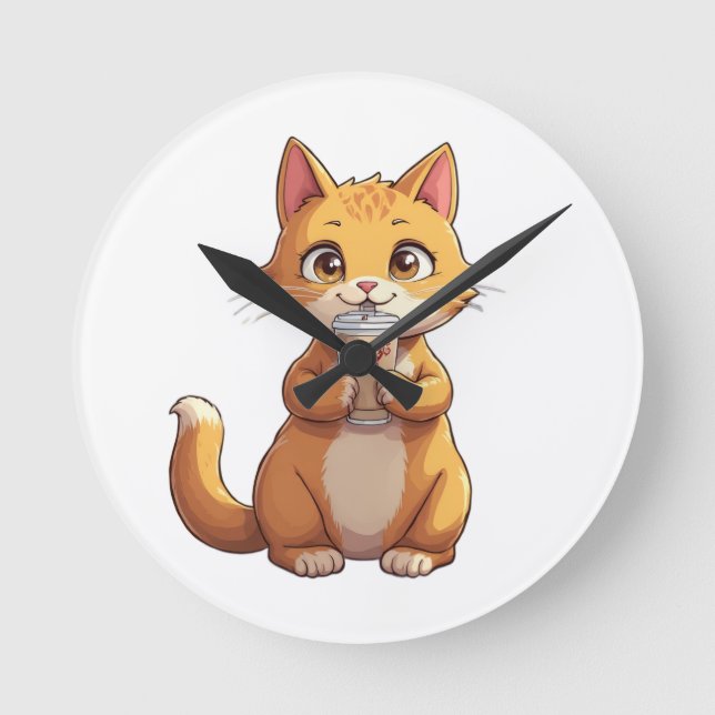 Kitten Sipping Coffee Round Clock (Front)