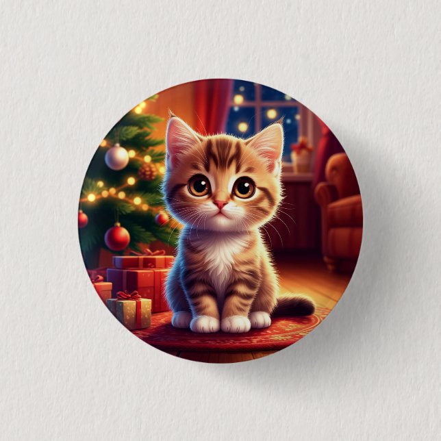 Kitten Sitting Beside Glowing Christmas Tree 3 Cm Round Badge (Front)