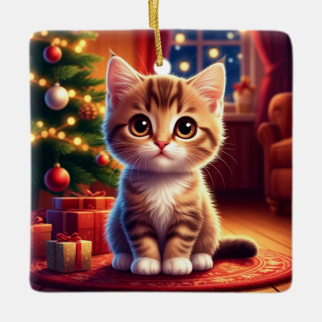 Kitten Sitting Beside Glowing Christmas Tree Ceramic Ornament (Front)