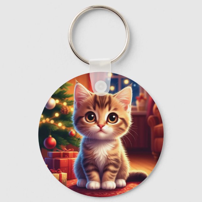Kitten Sitting Beside Glowing Christmas Tree Key Ring (Front)
