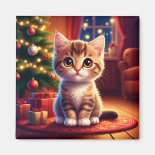 Kitten Sitting Beside Glowing Christmas Tree Magnet