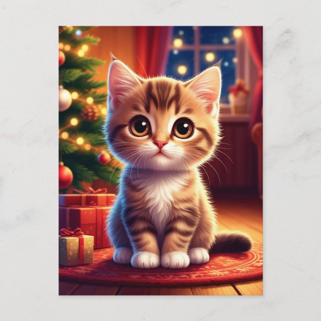 Kitten Sitting Beside Glowing Christmas Tree Postcard (Front)