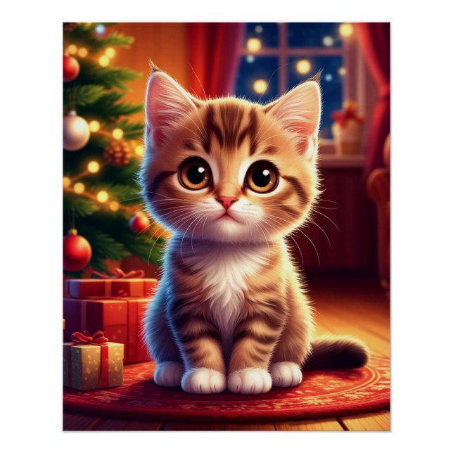 Kitten Sitting Beside Glowing Christmas Tree Poster (Front)