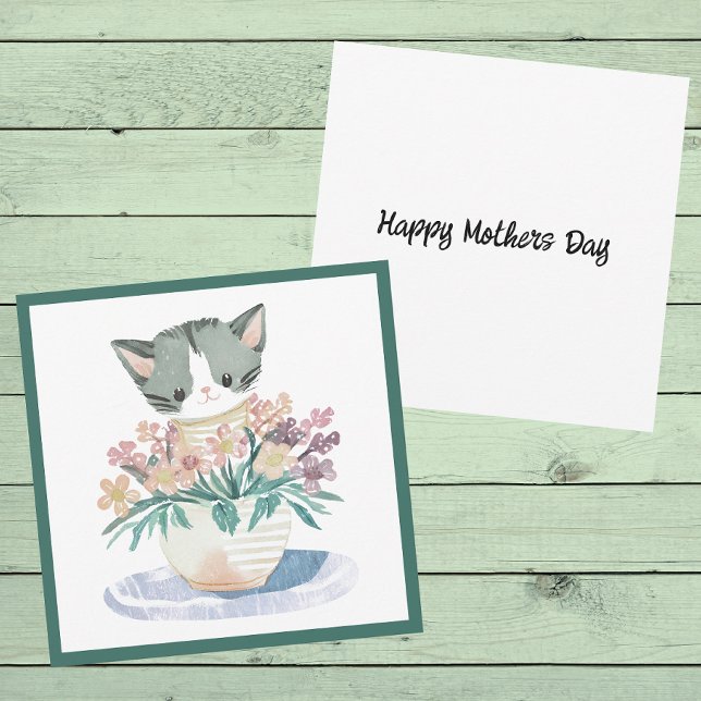 Kitten Sitting In A Pot Of Flowers Mothers Day Cat Card (Front And Back)