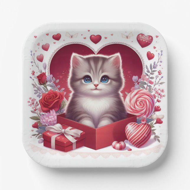 Kitten Sitting in Box With Flowers and Gifts Paper Plate (Front)