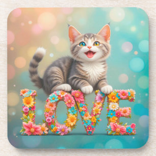 Kitten Sitting on Colourful Flowered LOVE Letters Coaster