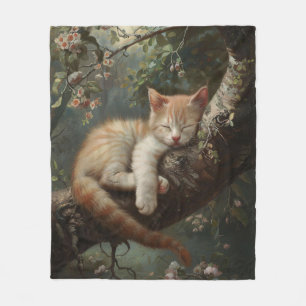 Kitten Sleeping in a Tree Vintage Fleece Blanket