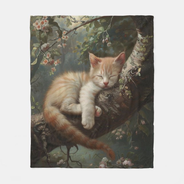 Kitten Sleeping in a Tree Vintage Fleece Blanket (Front)