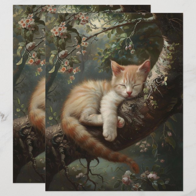 Kitten Sleeping in a Tree Vintage Scrapbook Paper (Front/Back)
