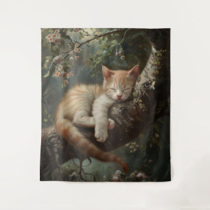 Kitten Sleeping in a Tree Vintage Tapestry