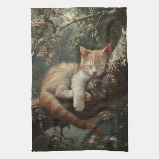 Kitten Sleeping in a Tree Vintage Tea Towel (Vertical)