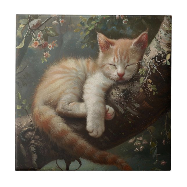 Kitten Sleeping in a Tree Vintage Tile (Front)