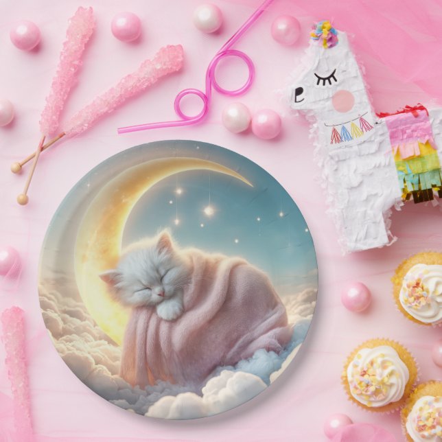 Kitten Sleeping On a Crescent Moon Paper Plate (Party)