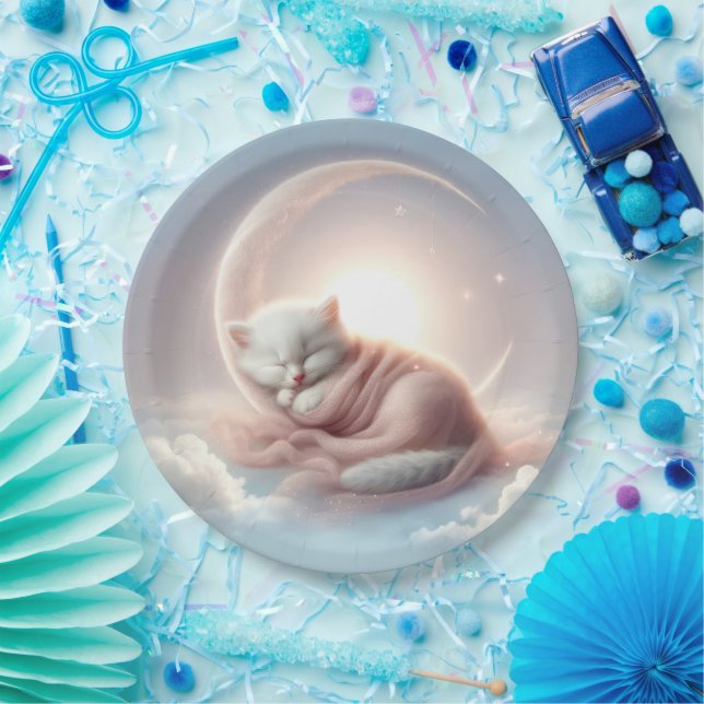 Kitten Sleeping On a Crescent Moon Paper Plate (Party)