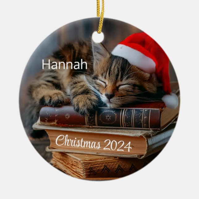 Kitten Sleeping On Books Personalised Ornament (Front)