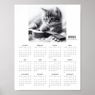 Kitten Snuggled with a Guitar 2025 Calendar Poster
