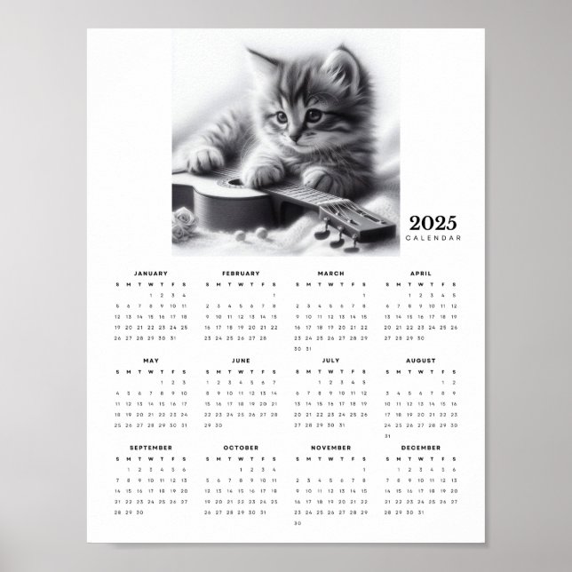Kitten Snuggled with a Guitar 2025 Calendar Poster (Front)