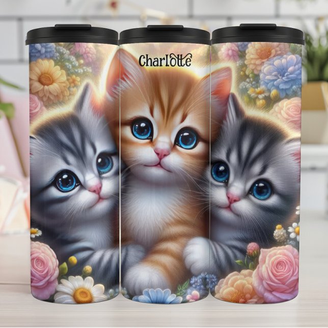 Kitten Trio: Cute, Cuddly, Floral Frame Thermal Tumbler (Creator Uploaded)