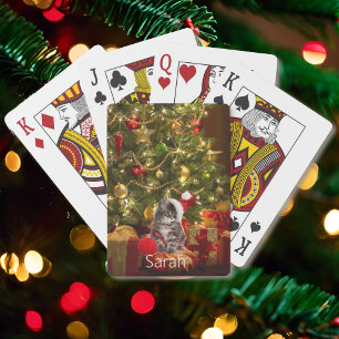 Kitten Under The Tree Personalise Name Christmas Playing Cards