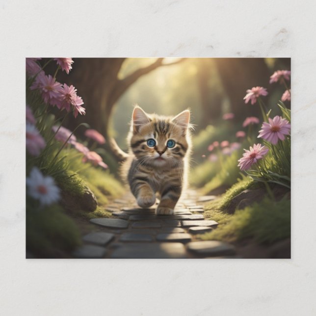 Kitten walking along the path between flowers postcard (Front)