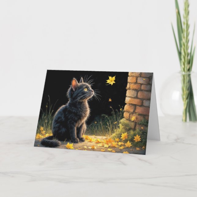 Kitten Watching a Falling Autumn Leaf Card (Front)