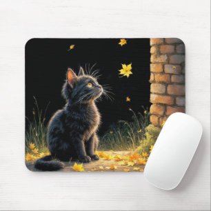 Kitten Watching a Falling Autumn Leaf Mouse Pad